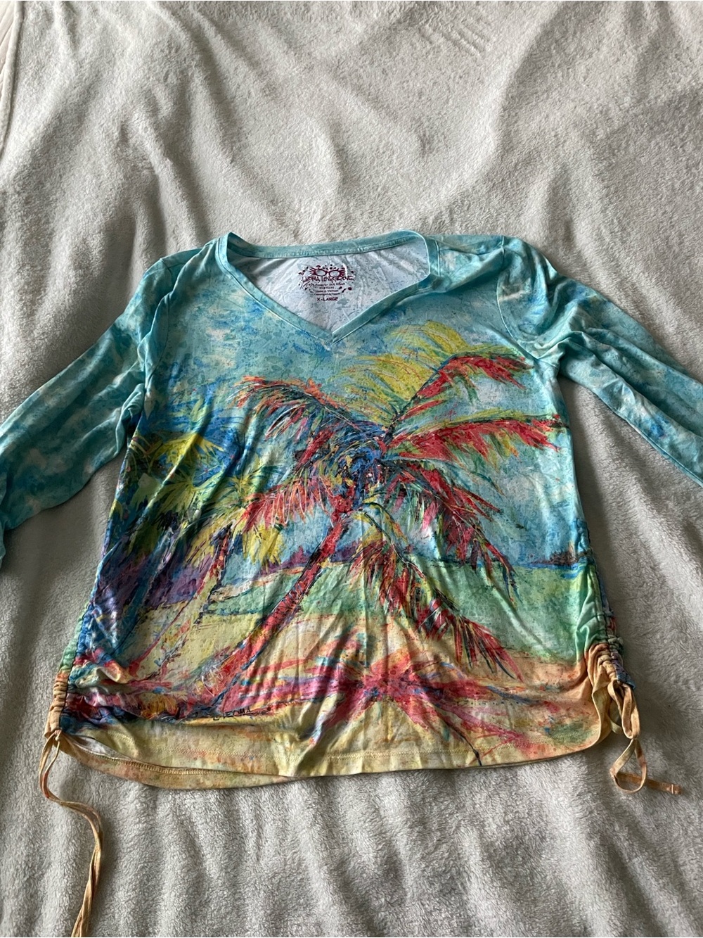V-Neck Long Sleeve Palm Print Top - Aqua Multi